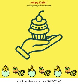 Web line icon. Cake (dessert) in hand