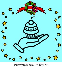 Web line icon. Cake (dessert) in hand