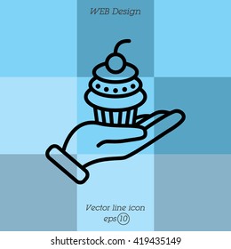 Web line icon. Cake (dessert) in hand