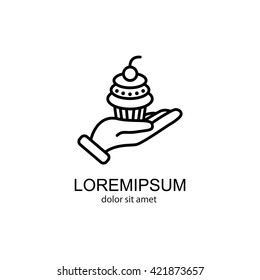 Web line icon. Cake (dessert) in hand