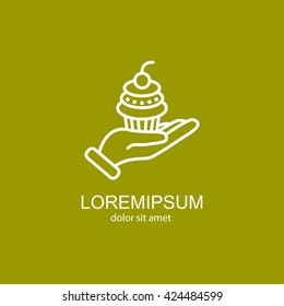 Web line icon. Cake (dessert) in hand