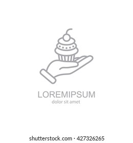 Web line icon. Cake (dessert) in hand