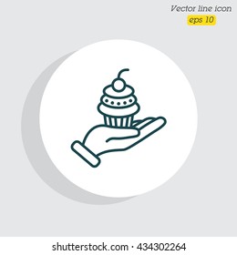 Web line icon. Cake (dessert) in hand