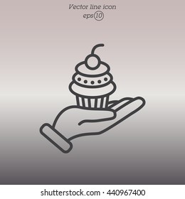 Web line icon. Cake (dessert) in hand