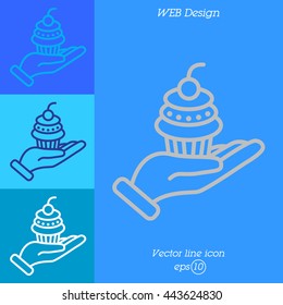 Web line icon. Cake (dessert) in hand
