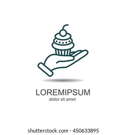 Web line icon. Cake (dessert) in hand