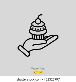 Web line icon. Cake (dessert) in hand