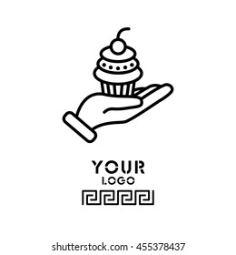 Web line icon. Cake (dessert) in hand