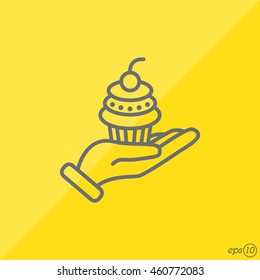 Web line icon. Cake (dessert) in hand