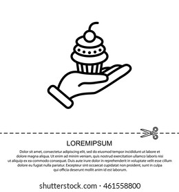 Web line icon. Cake (dessert) in hand
