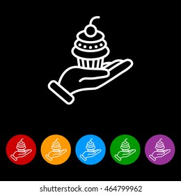 Web line icon. Cake (dessert) in hand