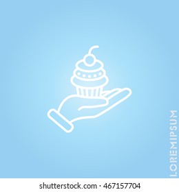 Web line icon. Cake (dessert) in hand