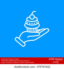 Web line icon. Cake (dessert) in hand