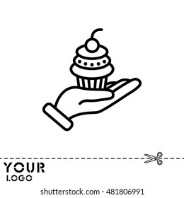 Web line icon. Cake (dessert) in hand