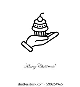 Web line icon. Cake (dessert) in hand