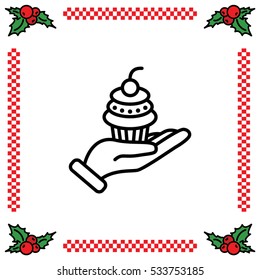 Web line icon. Cake (dessert) in hand