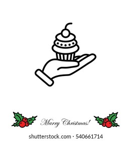 Web line icon. Cake (dessert) in hand