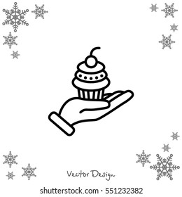 Web line icon. Cake (dessert) in hand
