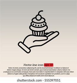 Web line icon. Cake (dessert) in hand