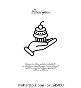 Web line icon. Cake (dessert) in hand