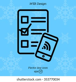 Web line icon. Checklist and smartphone with wi-fi