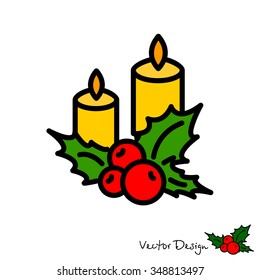 Web line icon. Christmas candle and holly berry