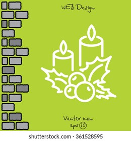 Web line icon. Christmas candle and holly berry