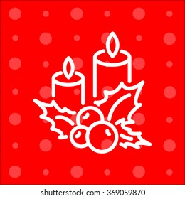 Web line icon. Christmas candle and holly berry