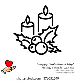 Web line icon. Christmas candle and holly berry