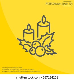 Web line icon. Christmas candle and holly berry