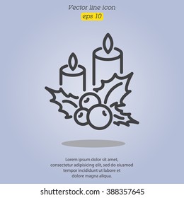 Web line icon. Christmas candle and holly berry
