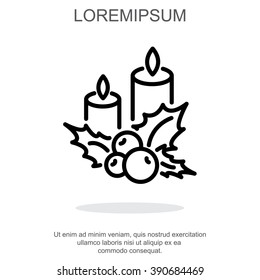 Web line icon. Christmas candle and holly berry