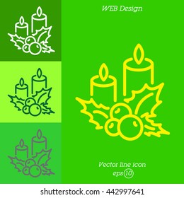 Web line icon. Christmas candle and holly berry
