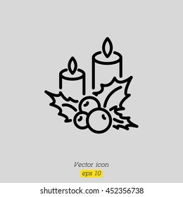 Web line icon. Christmas candle and holly berry