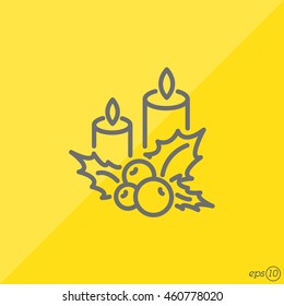 Web line icon. Christmas candle and holly berry
