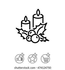 Web line icon. Christmas candle and holly berry