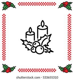 Web line icon. Christmas candle and holly berry