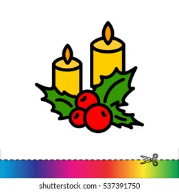 Web line icon. Christmas candle and holly berry