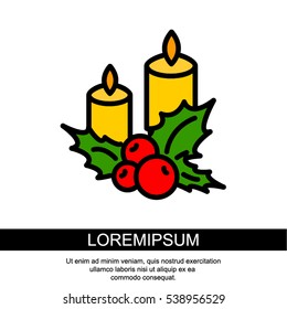 Web line icon. Christmas candle and holly berry