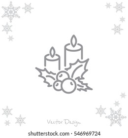 Web line icon. Christmas candle and holly berry