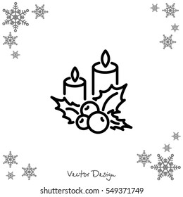 Web line icon. Christmas candle and holly berry