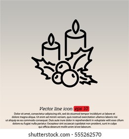 Web line icon. Christmas candle and holly berry