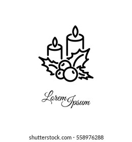 Web line icon. Christmas candle and holly berry