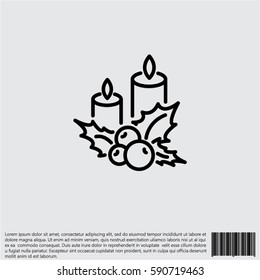 Web line icon. Christmas candle and holly berry