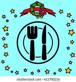 Web line icon. Cutlery (plate , fork and knife)
