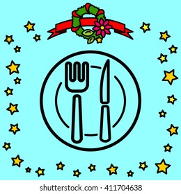 Web line icon. Cutlery (plate , fork and knife)