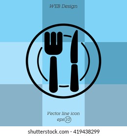 Web line icon. Cutlery (plate , fork and knife)