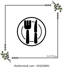 Web line icon. Cutlery (plate , fork and knife)