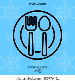 Web line icon. Cutlery, Spoon and fork on a plate