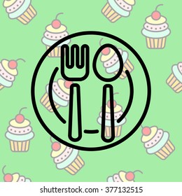 Web line icon. Cutlery, Spoon and fork on a plate